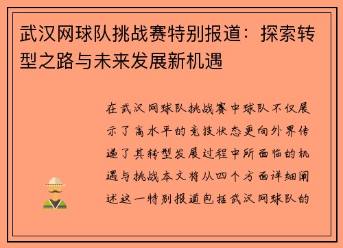 武汉网球队挑战赛特别报道：探索转型之路与未来发展新机遇