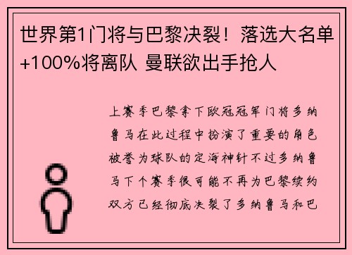 世界第1门将与巴黎决裂！落选大名单+100%将离队 曼联欲出手抢人