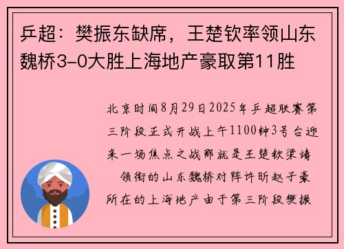 乒超：樊振东缺席，王楚钦率领山东魏桥3-0大胜上海地产豪取第11胜